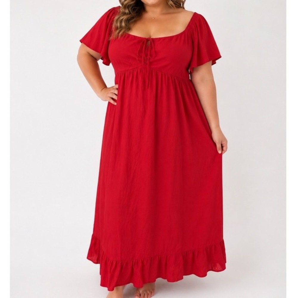 NWT Milkmaid Red Flutter Sleeve Smocked Back Tie Front Maxi Dress XXL